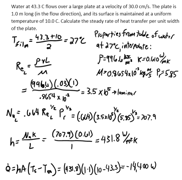 Solution Water at 43.3 C flows over a large plate at a velocity of 30.